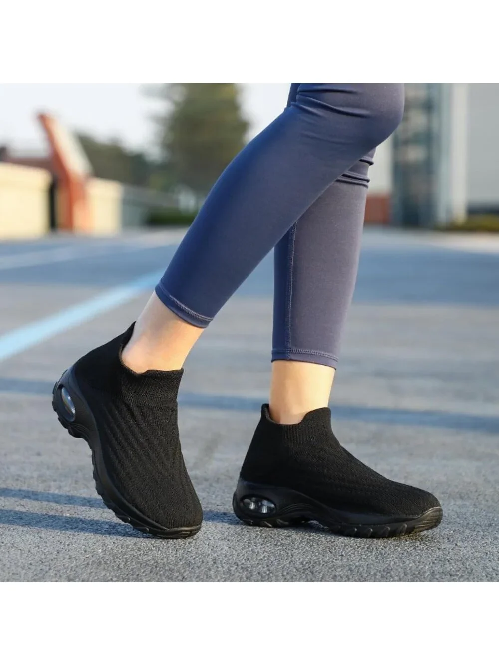 Women's Black Lug Walking Arch Support Non Slip Breathable Upper Sneaker Shoes